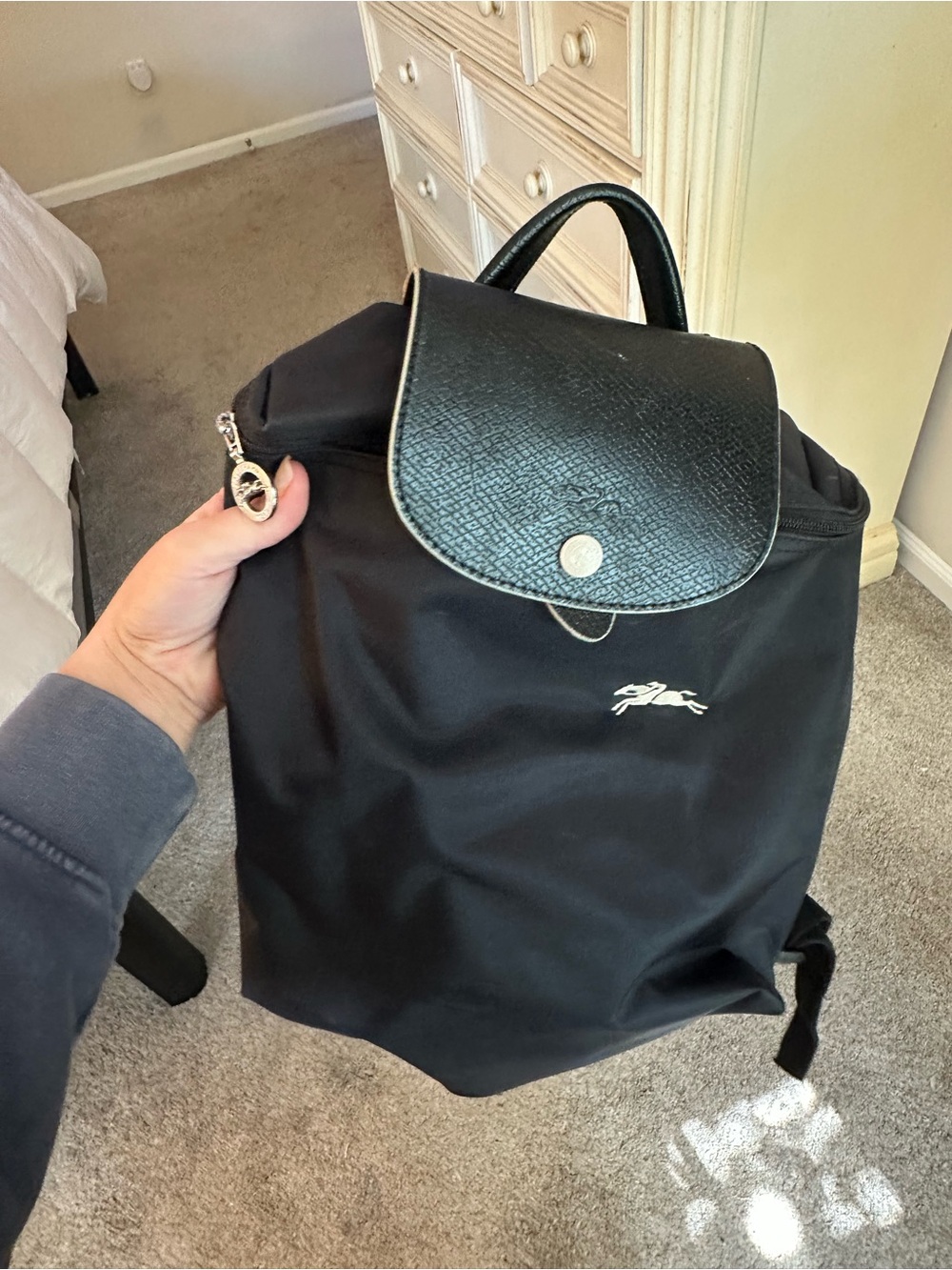 Longchamp Black Nylon Backpack with Leather Flap